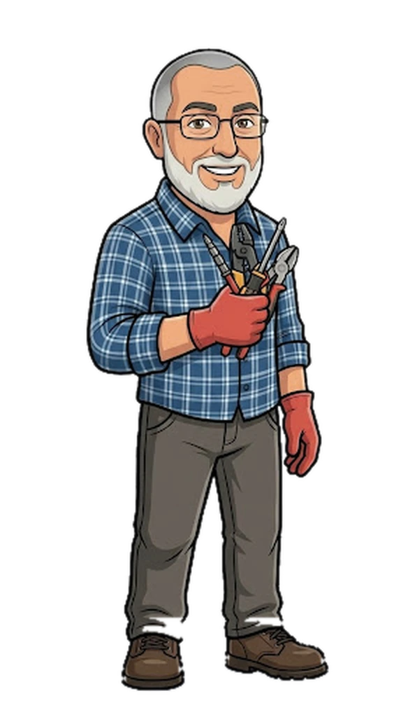 Cartoon portrait of Alex, the Alepar Appliance Repair technician, holding pliers and screwdrivers